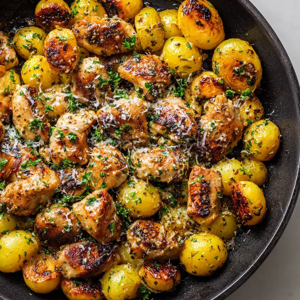 Close-up of crispy baby yellow potatoes and juicy seared chicken covered in melted parmesan and dried Italian herbs.