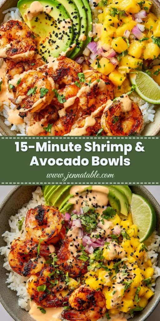A vibrant top-down view of Shrimp and Avocado Bowls featuring fluffy rice, fanned avocado, plump grilled shrimp, and bright mango salsa.