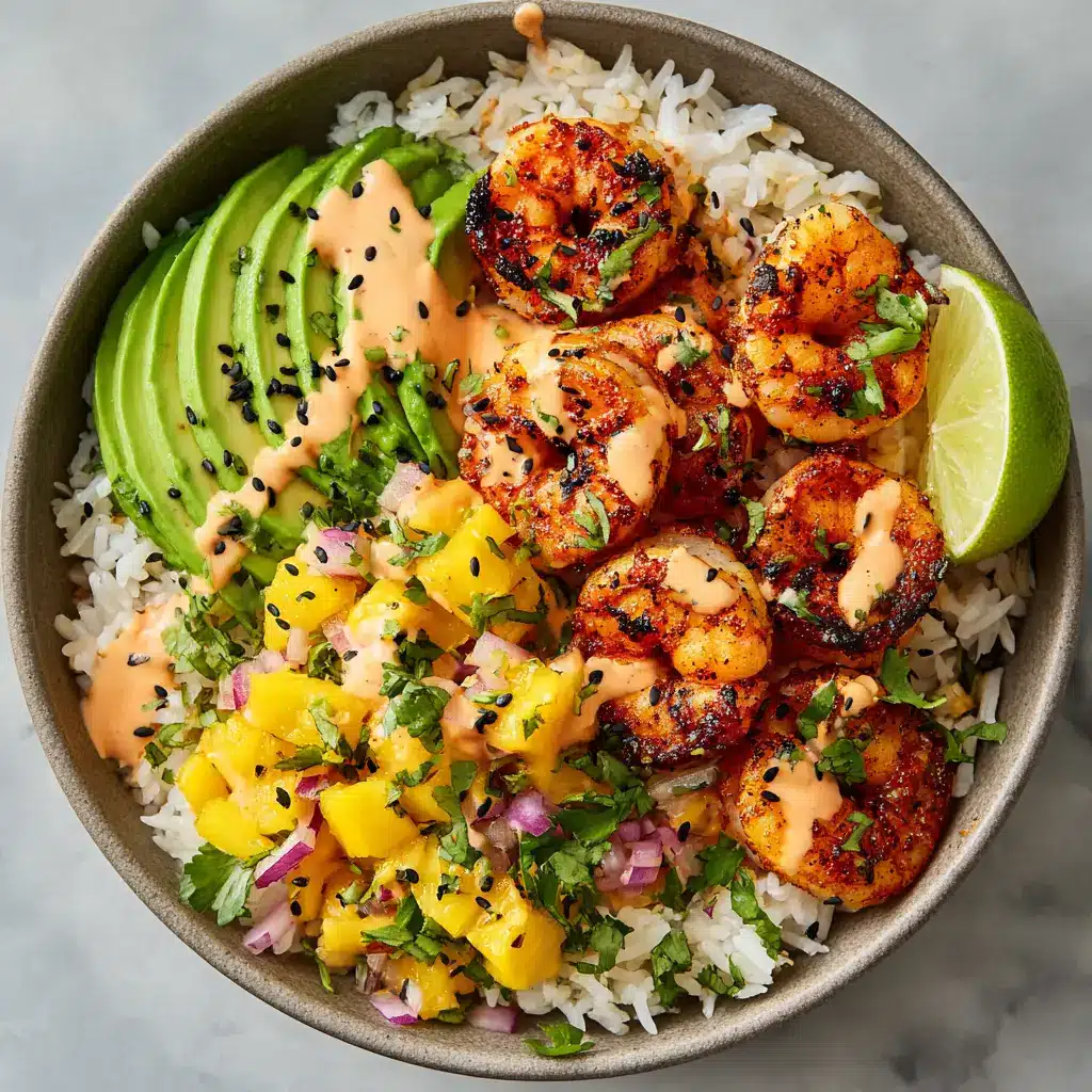 Drizzle of pale-orange lime-chili sauce over a vibrant shrimp and avocado bowl garnished with black sesame seeds.