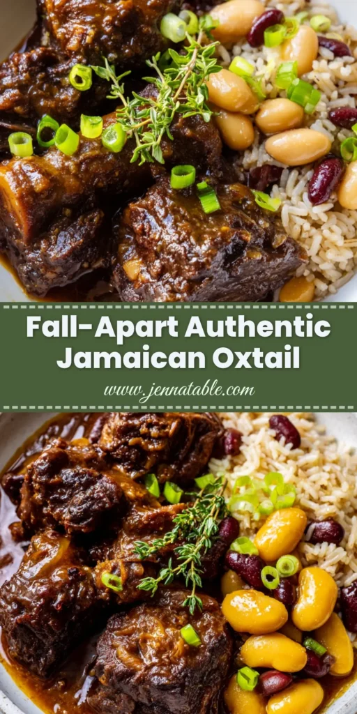 A close-up overhead shot of authentic Jamaican Oxtail Recipe served in a shallow white ceramic bowl with thick dark brown gravy, butter beans, and seasoned rice.