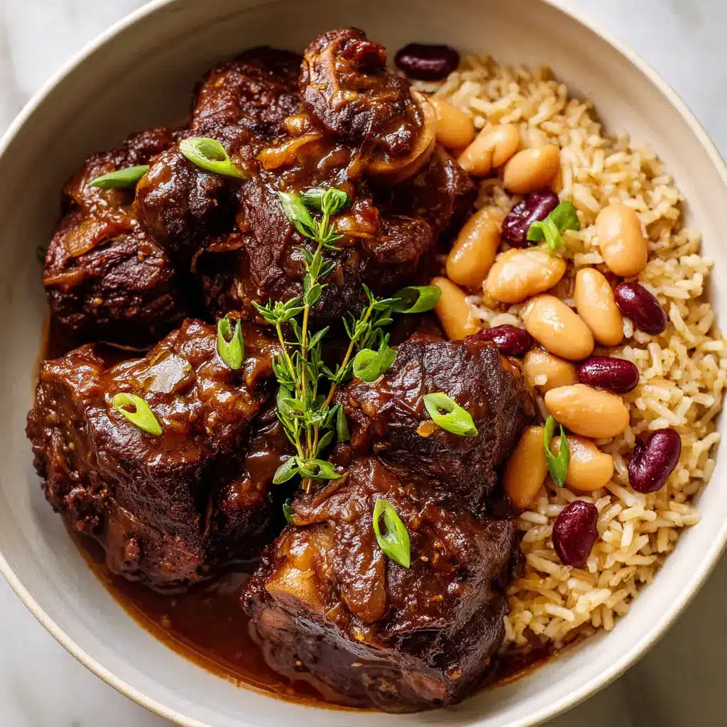Plated Jamaican Oxtail Recipe over fluffy light brown seasoned rice and red kidney beans, garnished with scallions and thyme.