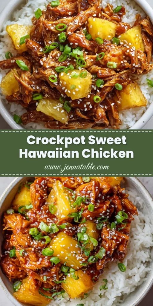 A close-up, top-down view of Crockpot Sweet Hawaiian Chicken in a white ceramic bowl. The pulled chicken is coated in a thick, glossy amber glaze with pineapple chunks, served over rice and garnished with green onions and sesame seeds.