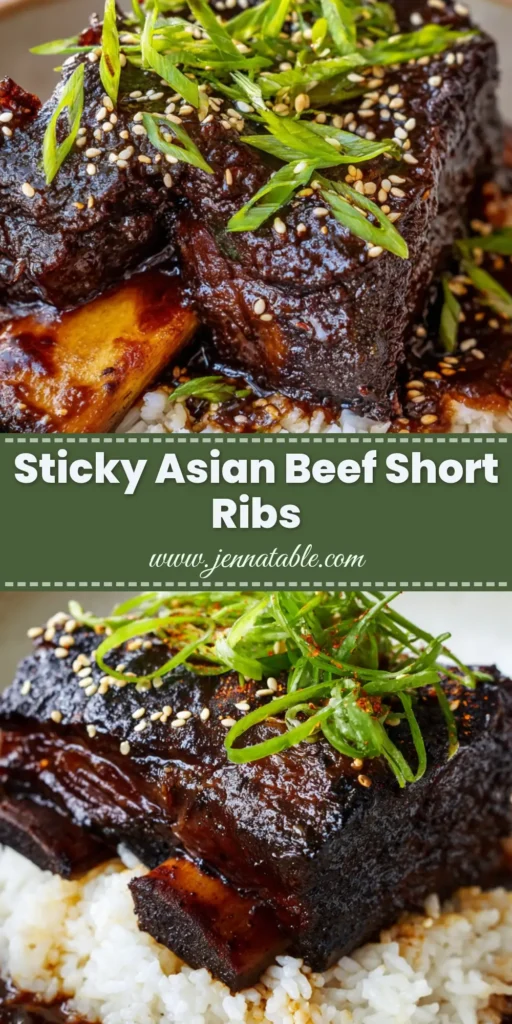 A massive bone-in Asian beef short rib coated in a dark, glossy, sticky soy glaze over fluffy white jasmine rice, garnished with sesame seeds and scallions.
