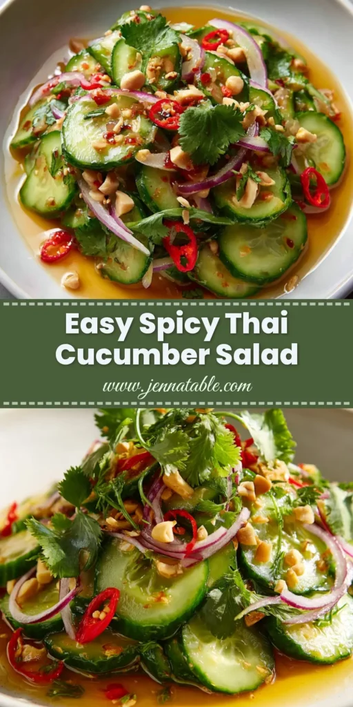 An overhead shot of a vibrant Thai Cucumber Salad in a white bowl, ready to be pinned. The salad features thinly sliced cucumbers, red onions, and Thai chilies, garnished with peanuts and cilantro.