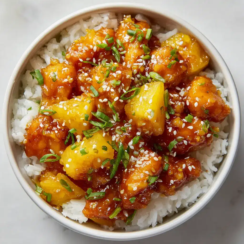 A serving of Crockpot Sweet Hawaiian Chicken on a bed of fluffy white rice, generously garnished with freshly chopped green onions and white sesame seeds.