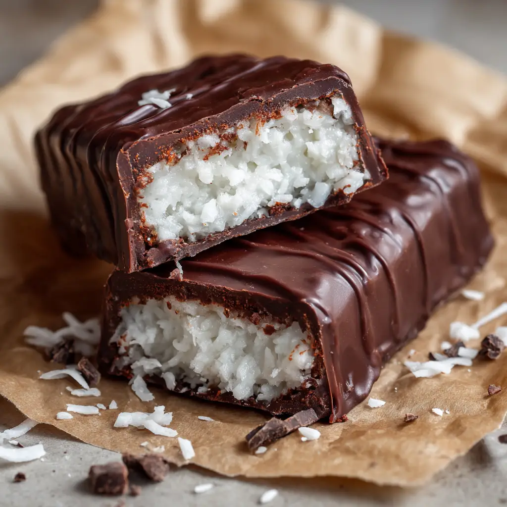 A detailed shot of the top of a chocolate coconut bar, showcasing the soft, swooping ridges in the glossy dark chocolate.