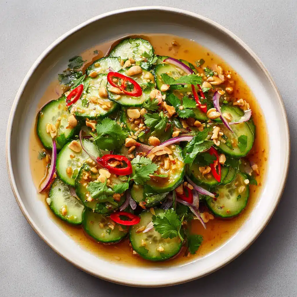 A detailed photograph of a Thai Cucumber Salad focusing on the fresh textures of the thinly sliced cucumbers, red onions, and bright red Thai chili rings.