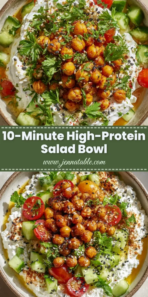 An overhead shot of a cottage cheese chickpea salad in a rustic bowl. The salad features a creamy cottage cheese base, crispy roasted chickpeas, fresh tomatoes, cucumbers, parsley, and a drizzle of olive oil.