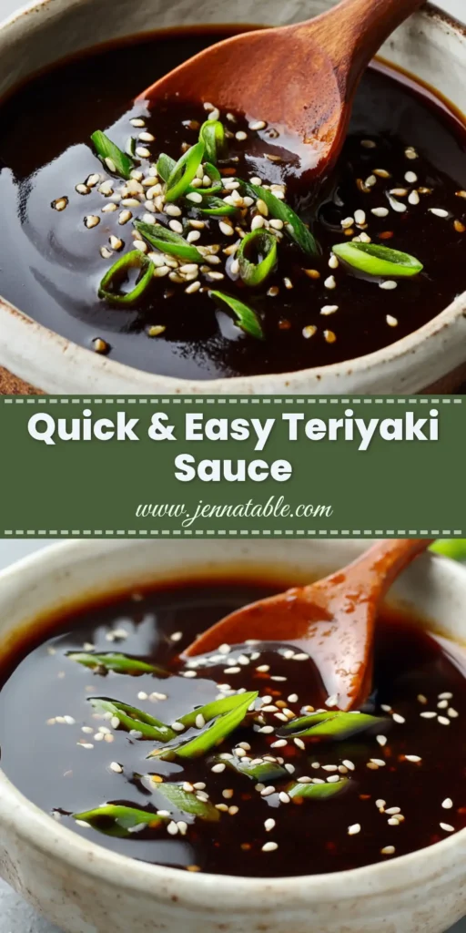 A rustic white ceramic bowl filled with thick, glossy homemade teriyaki sauce, garnished with toasted sesame seeds and sliced green onions. (Homemade Teriyaki Sauce)