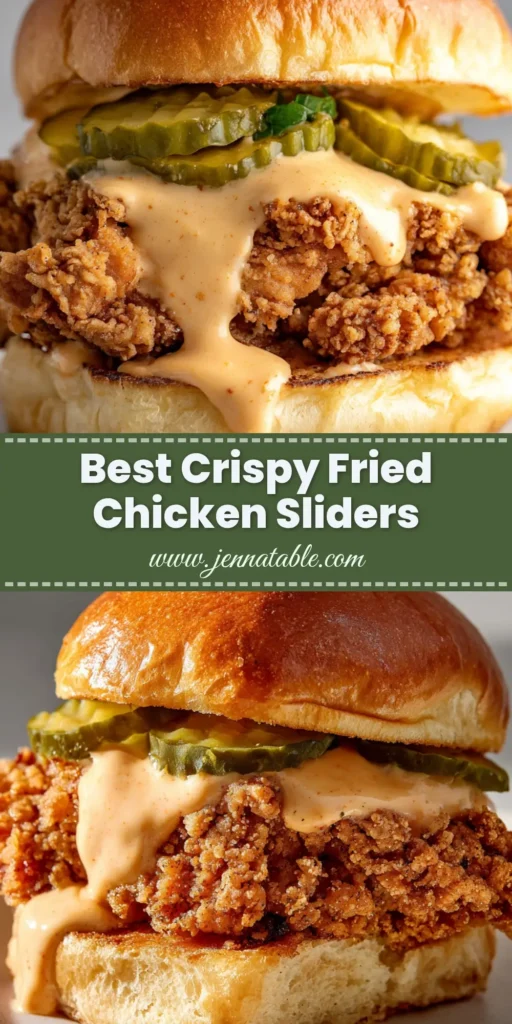 A close-up of crispy Fried Chicken Sliders on a toasted brioche bun with creamy pale orange sauce and crinkle-cut pickles.