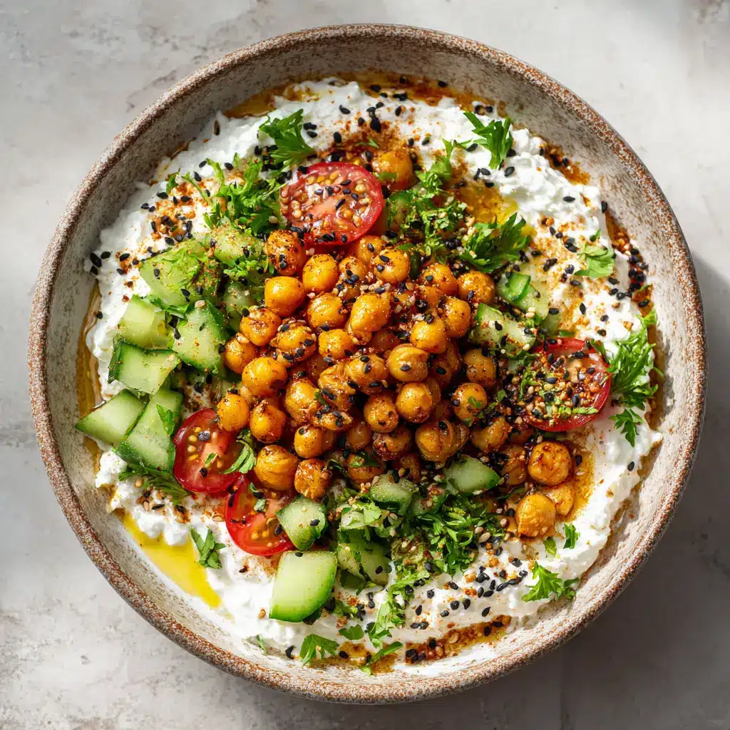 A rustic bowl filled with Cottage Cheese Chickpea Salad, showing the glossy olive oil drizzle, black sesame seeds, and fresh parsley garnish.