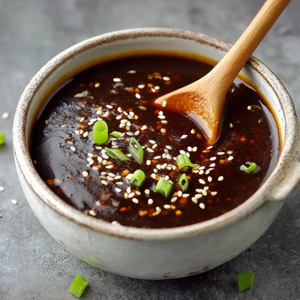 A wooden spoon coated in a thick, sticky homemade teriyaki glaze, lifted from a bowl of the sauce.