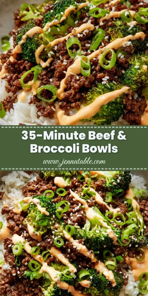 A close-up overhead shot of a ground beef and broccoli bowl in a wide matte ceramic bowl. The bowl is filled with rice, savory crumbled beef, and bright green broccoli, and is finished with a pale-orange spicy mayo drizzle, sliced green onions, and sesame seeds.