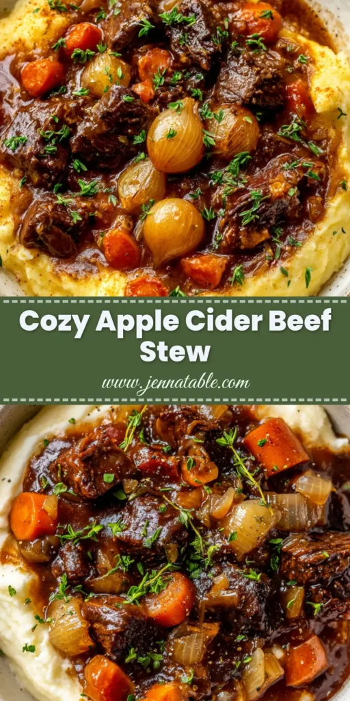 A close-up overhead photo of a rustic white bowl of apple cider beef stew. The stew has large chunks of seared beef, carrots, and pearl onions in a glossy, dark gravy, served over creamy mashed potatoes and garnished with fresh parsley and thyme.