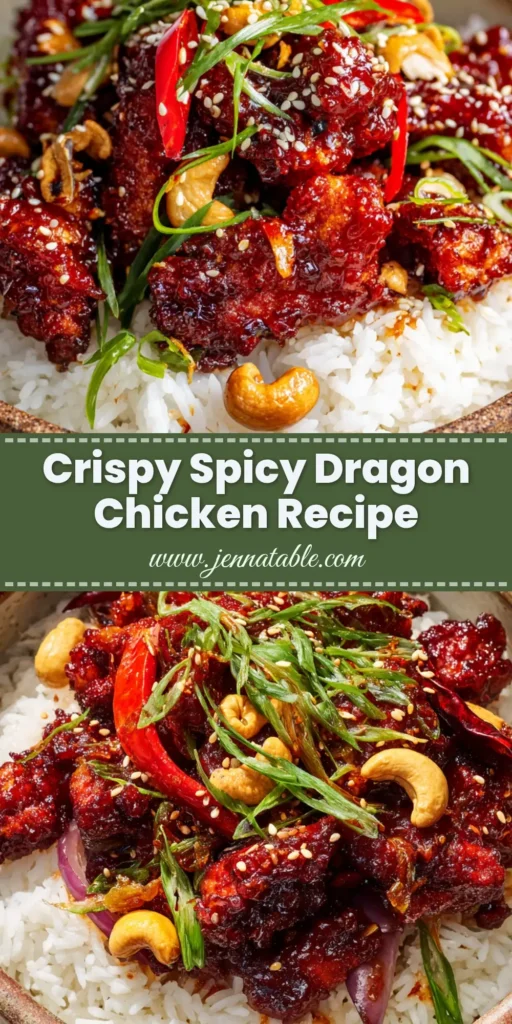 A close-up overhead shot of a Dragon Chicken Recipe served in a rustic bowl. The image features crispy chicken pieces coated in a glossy red sauce, served over rice and garnished with scallions, cashews, and sesame seeds.