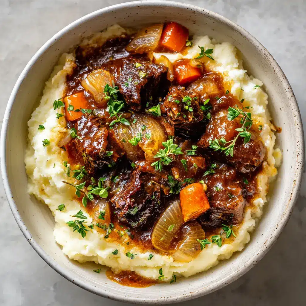 A detailed shot highlighting the textures of the apple cider beef stew, showing the seared beef chunks, caramelized pearl onions, and soft carrots.