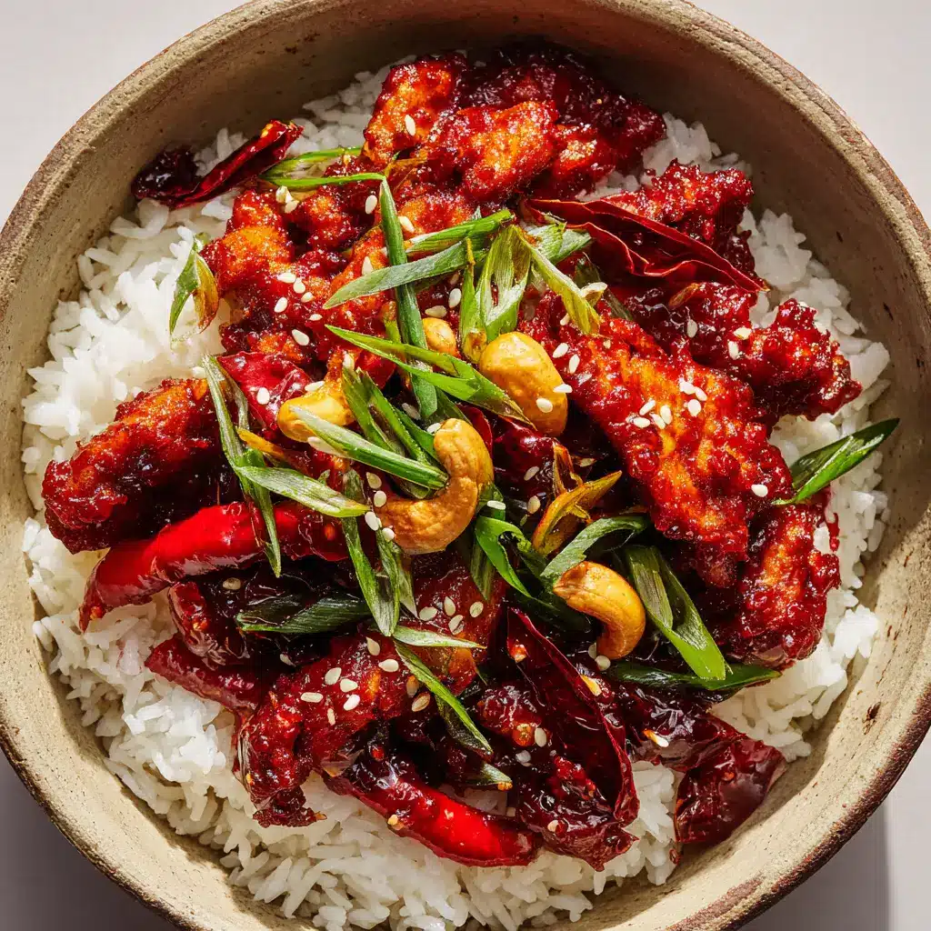 A spoonful of Dragon Chicken being lifted from a bowl, showing the fluffy jasmine rice underneath and the texture of the crispy chicken, cashews, and fresh scallions.