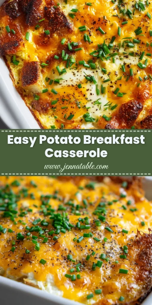 A top-down view of a golden-brown potato breakfast casserole in a white dish, topped with melted cheddar, chives, and black pepper.