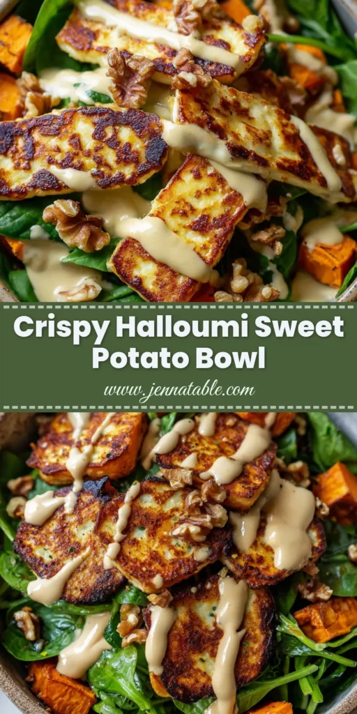 An overhead shot of a rustic Halloumi Sweet Potato Bowl, featuring golden halloumi, charred sweet potatoes, spinach, walnuts, and a tahini drizzle.