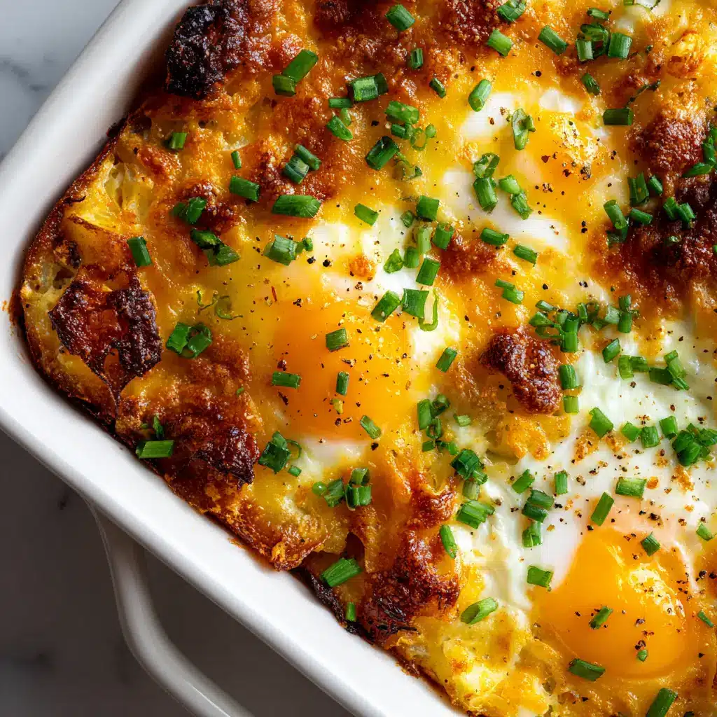 A corner slice of the potato breakfast casserole being lifted from a white baking dish, showcasing the crispy cheese edges.