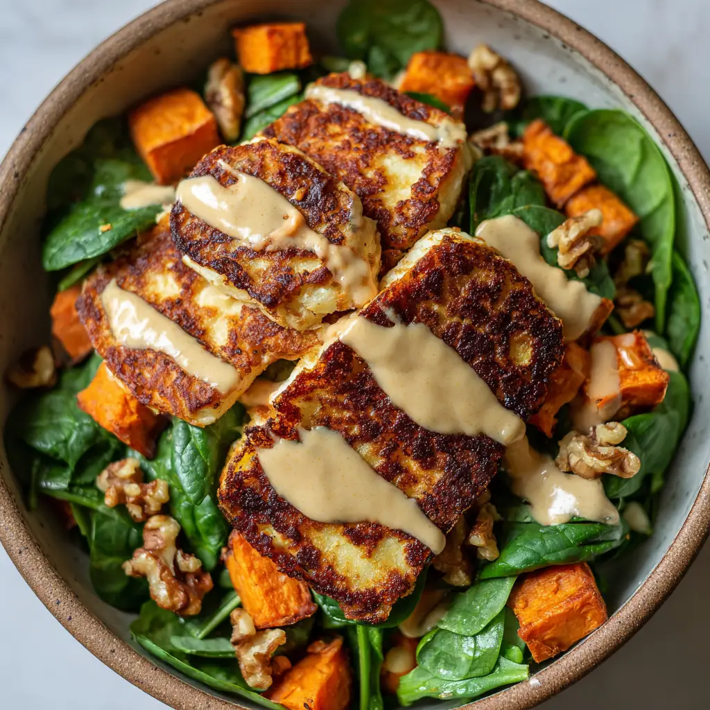 A minimalist overhead shot of the finished Halloumi Sweet Potato Bowl on a neutral surface, showcasing its vibrant colors.