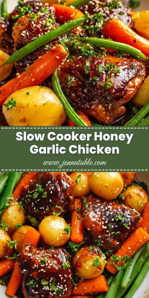A close-up overhead shot of Slow Cooker Honey Garlic Chicken served in a rustic white bowl, showcasing glossy, dark amber chicken thighs, potatoes, carrots, and green beans.
