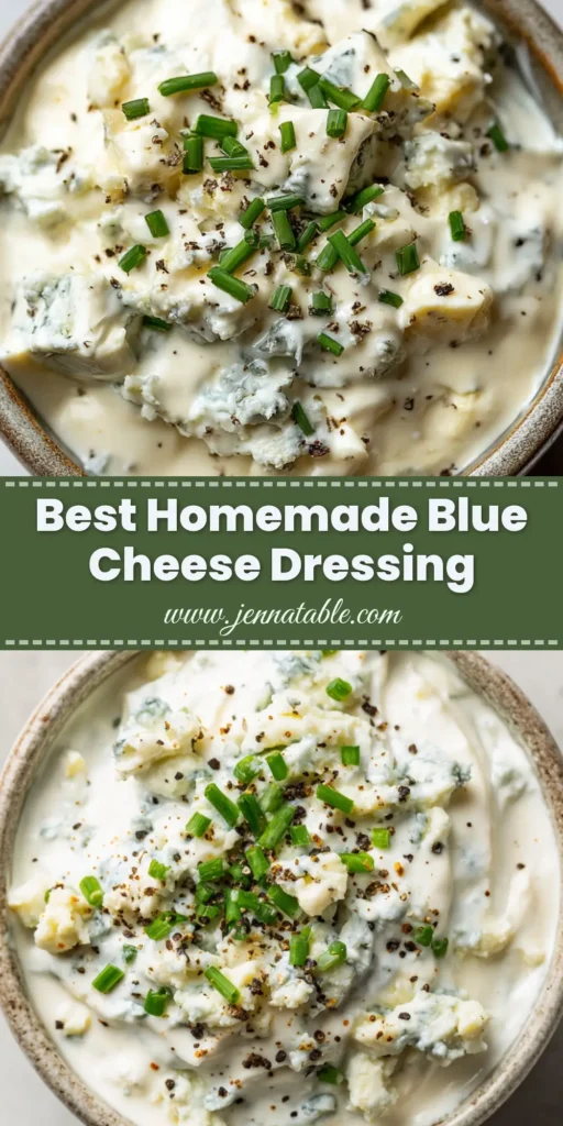 A close up top down view of a small rustic ceramic bowl filled with thick and chunky Homemade Blue Cheese Dressing, garnished with fresh chives and black pepper.