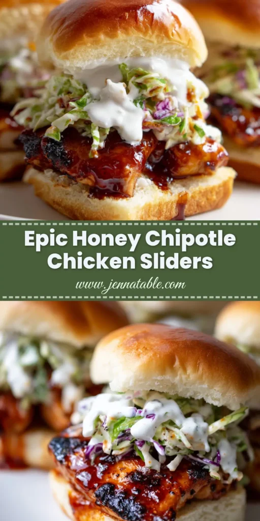 A close up of Honey Chipotle Chicken Sliders featuring charred chicken, glossy sauce, creamy coleslaw, and a garlic drizzle on toasted brioche.