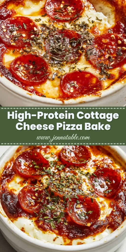 A single serving Cottage Cheese Pizza Bake in a white bowl, topped with melted cheese and crispy pepperoni, shown from a top-down perspective.