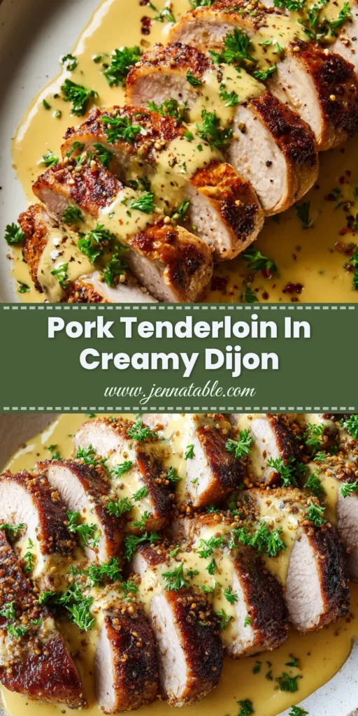 An overhead shot of thickly sliced Pork Tenderloin with Dijon Mustard Sauce, beautifully arranged on a rustic plate and garnished with fresh parsley.