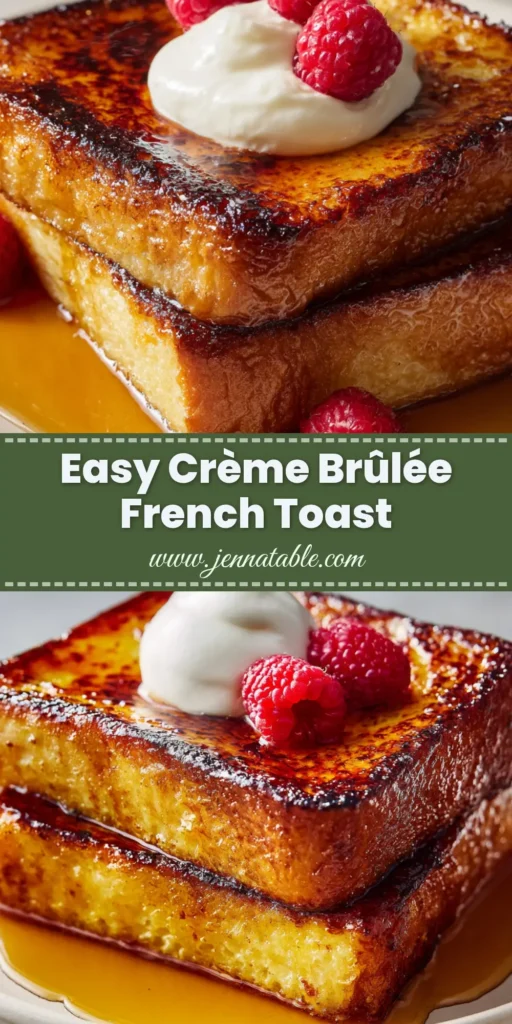 An overhead shot of two stacked slices of Creme Brulee French Toast on a white plate, topped with a dollop of whipped cream and fresh raspberries.
