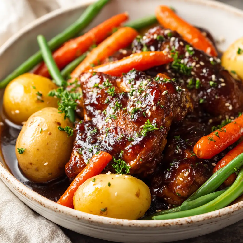 A plated serving of Slow Cooker Honey Garlic Chicken showing the vibrant tender-crisp green beans, halved yellow potatoes, and thick sliced carrots alongside the chicken.