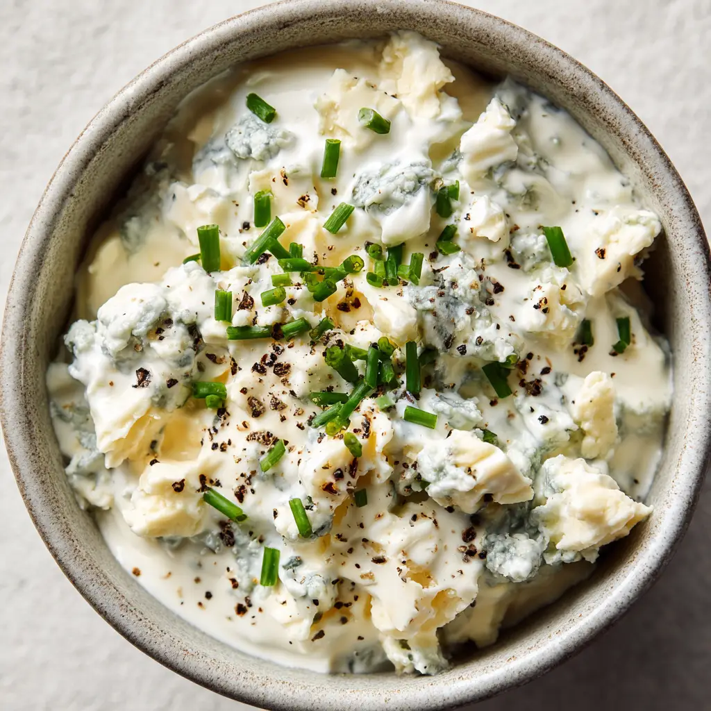 A close-up overhead shot of a rustic bowl filled with chunky blue cheese dressing, garnished with finely chopped green chives and coarse pepper.