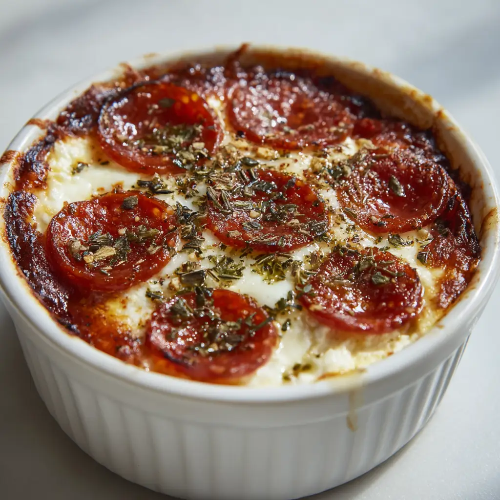 An angled view of the baked Cottage Cheese Pizza Bake, highlighting the distinct layers of creamy cottage cheese, red marinara sauce, and melted cheese.