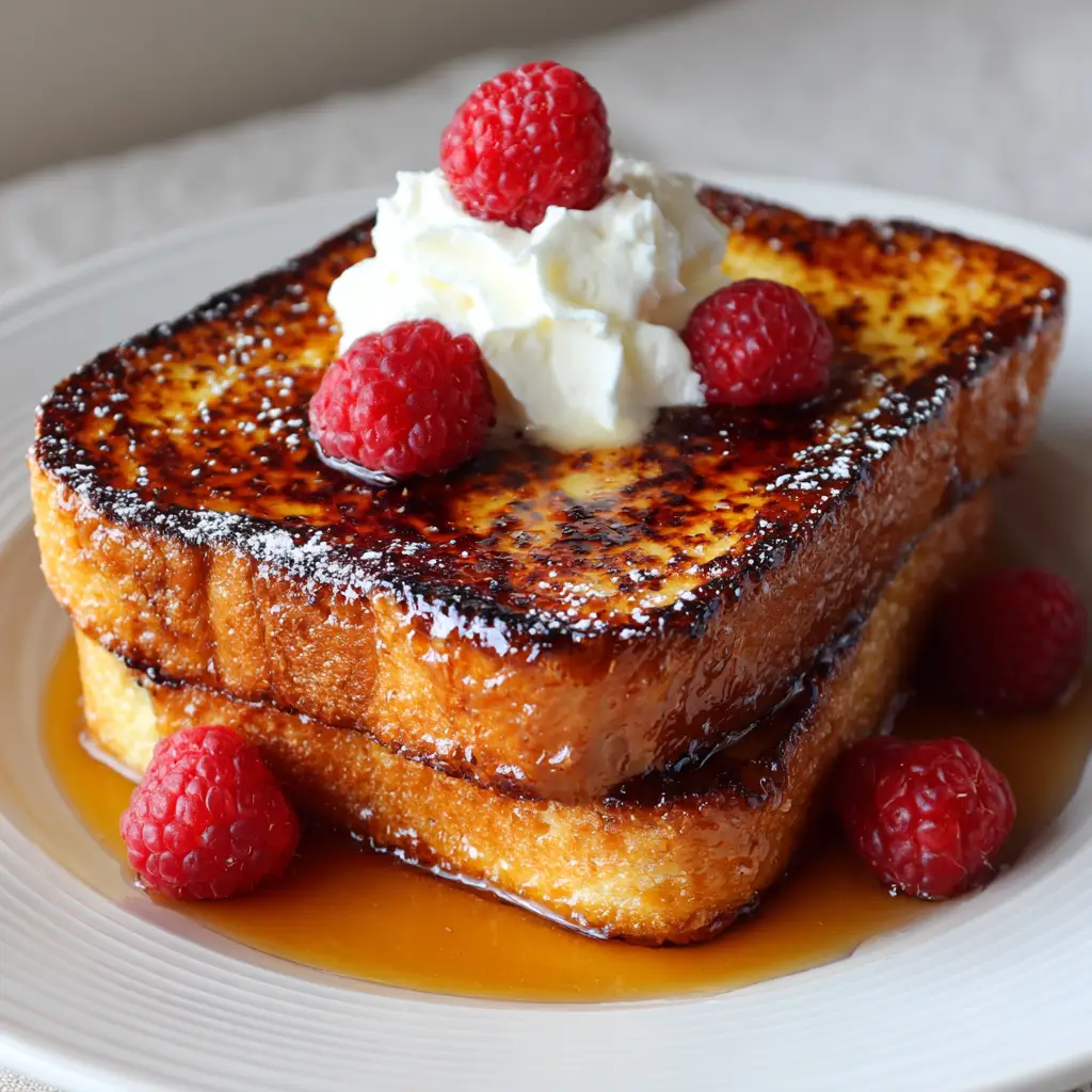 A close-up side view of Creme Brulee French Toast showing the thick, custardy brioche and the glossy, torched sugar topping with blistered spots.