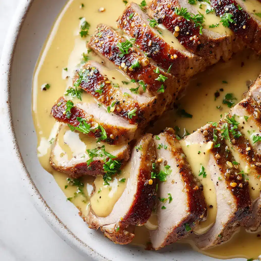 Thick slices of juicy pork tenderloin fanned out on a white plate, generously coated in a creamy, pale-yellow Dijon mustard sauce and garnished with fresh parsley and coarse black pepper.