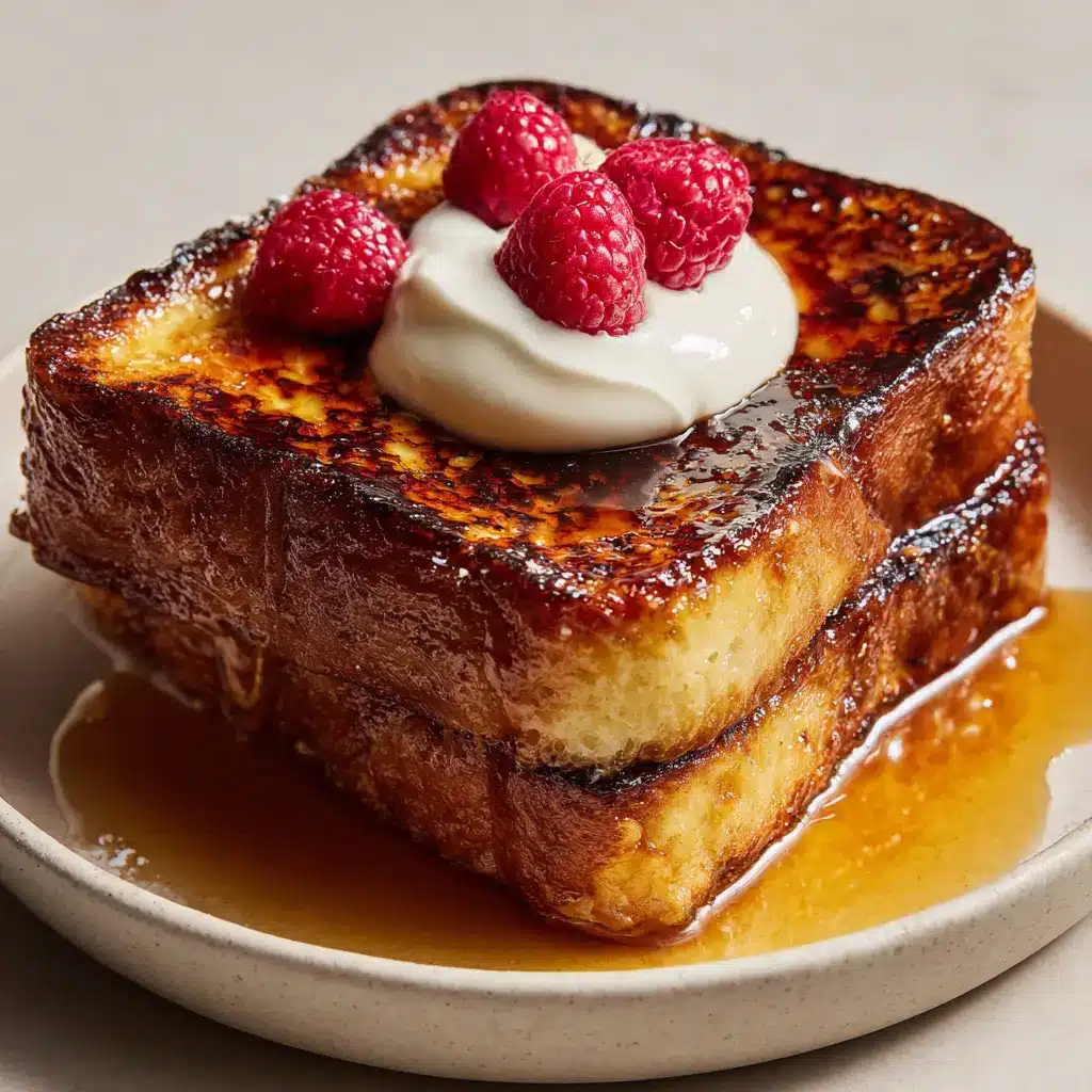Two slices of golden-brown Creme Brulee French Toast on a plate, with a pool of maple syrup at the base and a garnish of whipped cream and berries.