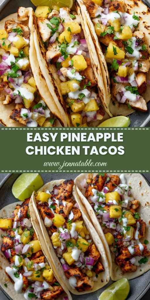 Three Pineapple Chicken Tacos on a rustic gray plate, topped with fresh pineapple salsa, cilantro, and a drizzle of crema. A lime wedge is on the side.