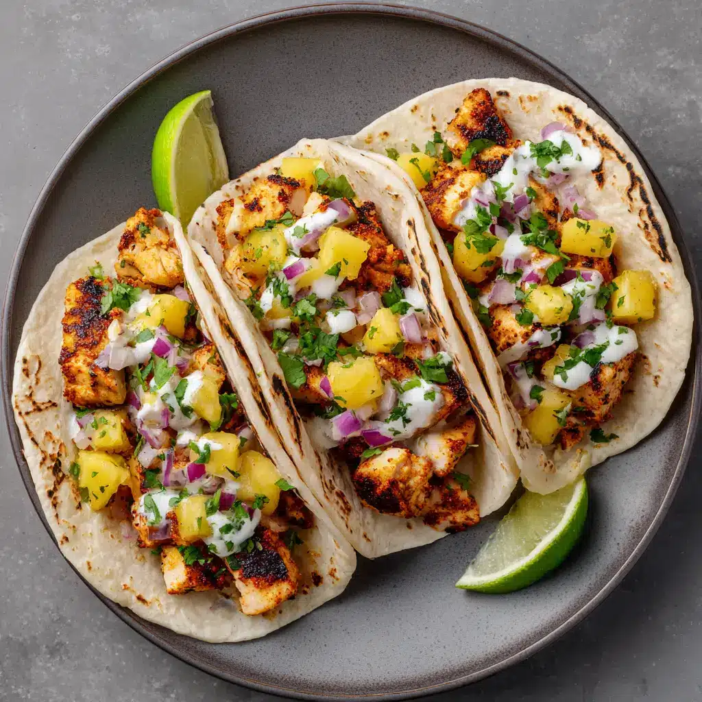An overhead shot of Pineapple Chicken Tacos served on a matte gray ceramic plate, showcasing the vibrant colors of the pineapple, cilantro, and red onion.