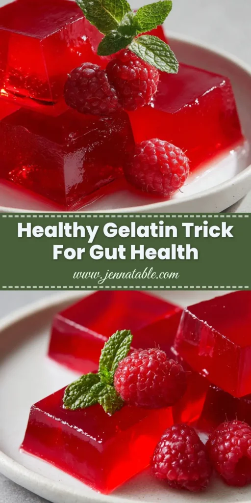 A close-up overhead shot of vibrant red strawberry gelatin cubes on a white plate, garnished with fresh raspberries and a mint sprig. (Healthy Gelatin Recipe)