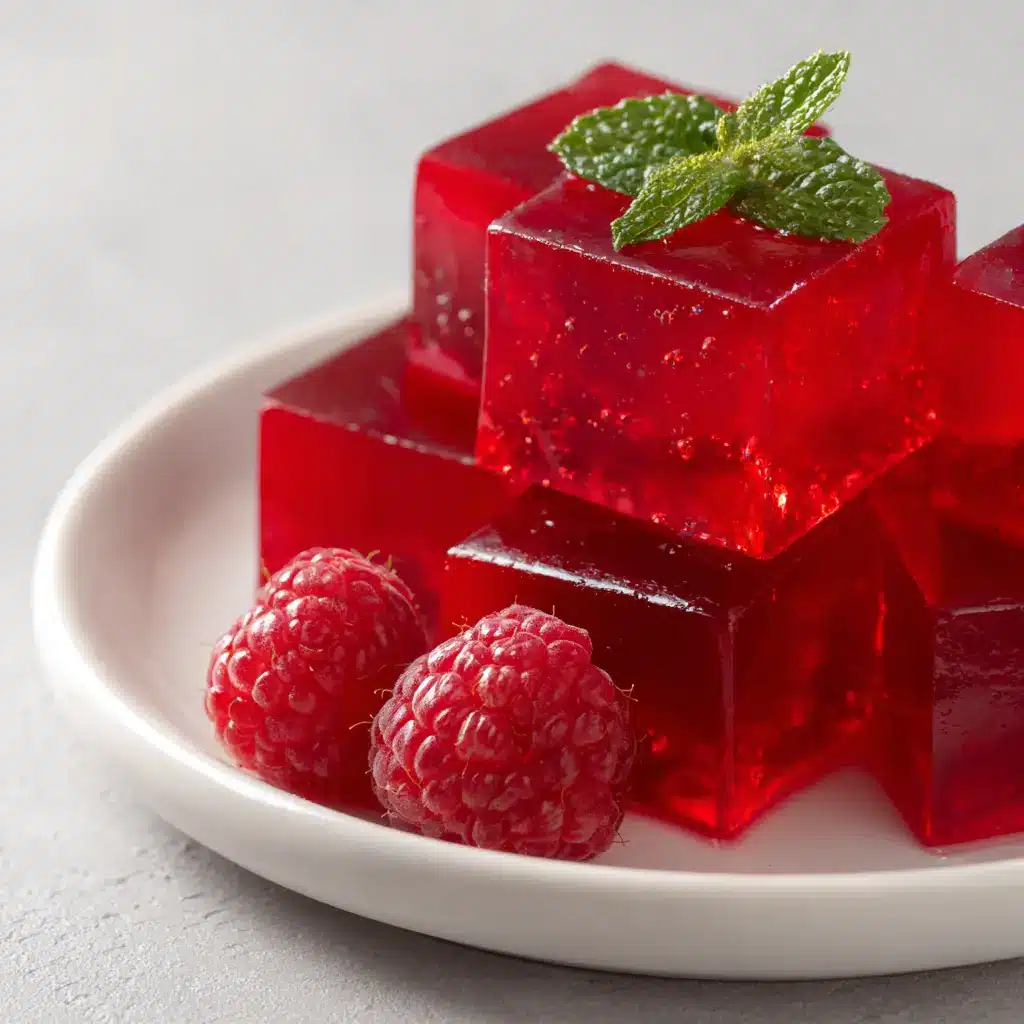 A side view of glossy strawberry gelatin cubes, garnished with a single small sprig of fresh bright green mint and two fresh whole plump red raspberries.