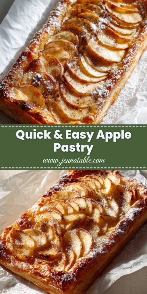 A rustic rectangular Apple Puff Pastry on parchment paper, topped with fanned apple slices and a dusting of powdered sugar. (Apple Puff Pastry)