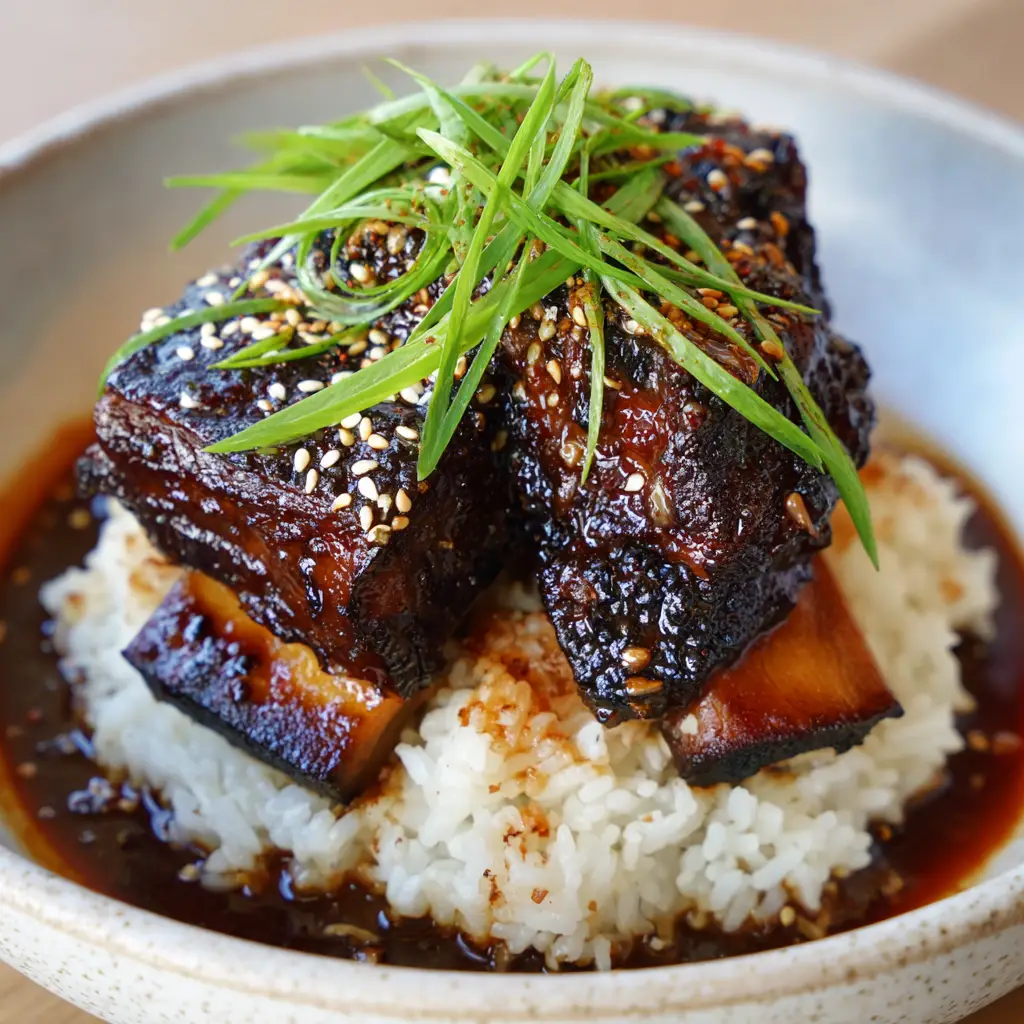 A pool of thick, rich dark brown reduction sauce seeps slightly into a bed of fluffy white jasmine rice beneath a braised short rib.
