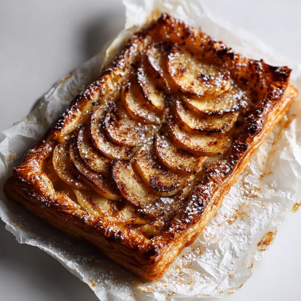 A full view of the rectangular Apple Puff Pastry on crinkled parchment paper, dusted with powdered sugar and ready to be served.