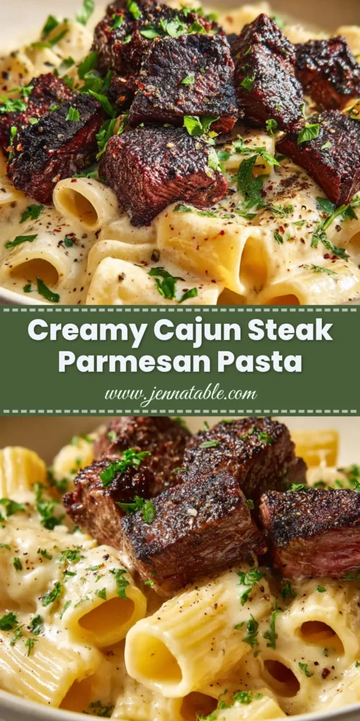 A close-up overhead shot of a white bowl of Cajun Steak Pasta, showing rigatoni in a creamy parmesan sauce topped with charred steak bites and fresh parsley.