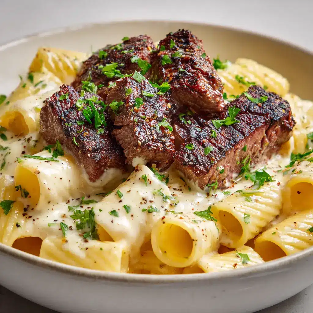A side-angle view of the Cajun Steak Pasta, highlighting the juicy, pink centers of the pan-seared steak bites against the creamy pasta.