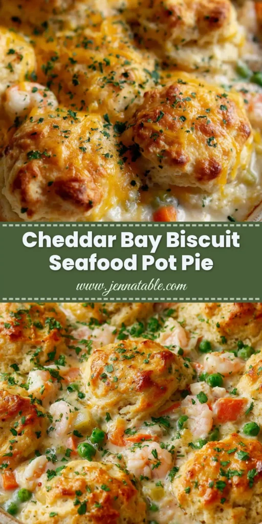 A top-down view of a freshly baked Seafood Pot Pie in a white dish, showcasing golden-brown cheddar biscuits over a creamy filling.