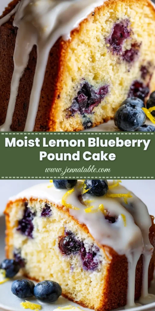 A thick slice of moist lemon blueberry pound cake with a heavy white lemon glaze dripping down the side. The cake has a golden brown crust and is studded with dark purple blueberries, garnished with a fresh lemon twist. (Lemon Blueberry Pound Cake)