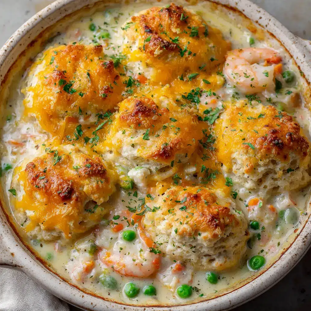 A side view of the Seafood Pot Pie in a white ceramic dish, highlighting the glistening butter glaze and fresh parsley on the biscuits.