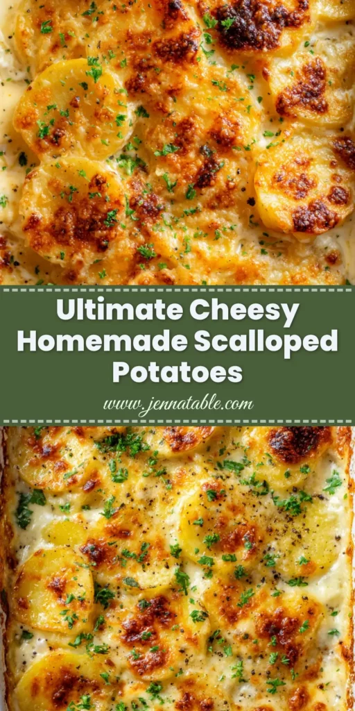 An overhead view of freshly baked homemade scalloped potatoes in a white dish, with a perfectly blistered and golden-brown cheesy crust and a parsley garnish.